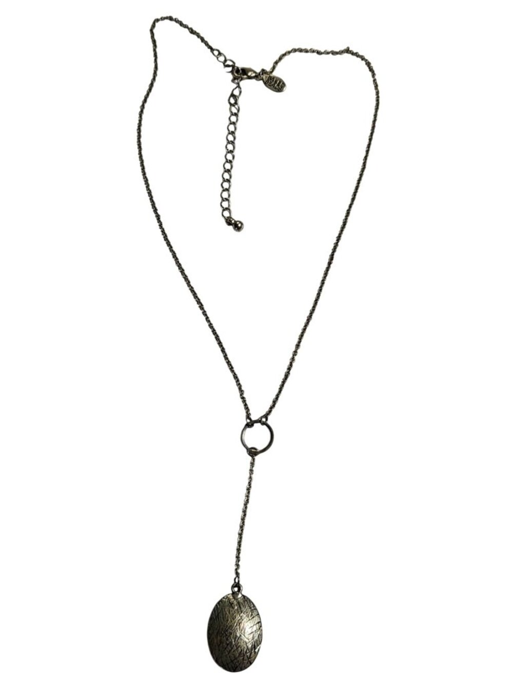 Baked Beads Y Necklace Silvertone Oval Pendant 16 - 19 inches Long